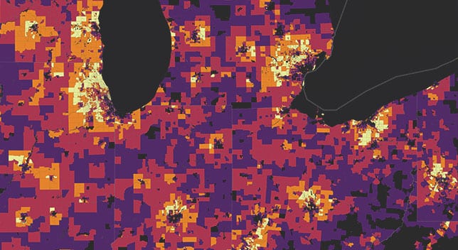 Mappa con blocchi di colore che mostrano come l'età media degli acquirenti al dettaglio varia a seconda delle località