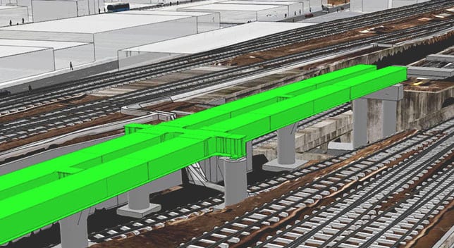 Gemello digitale dell'infrastruttura ferroviaria con parti della struttura evidenziate in verde