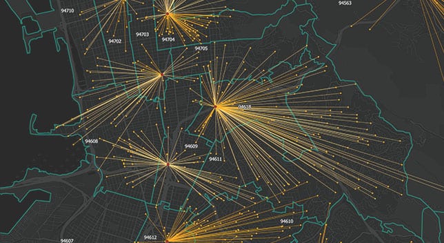 La mappa della Baia di San Francisco mostra la posizione dei clienti per codice postale rispetto alle aree commerciali