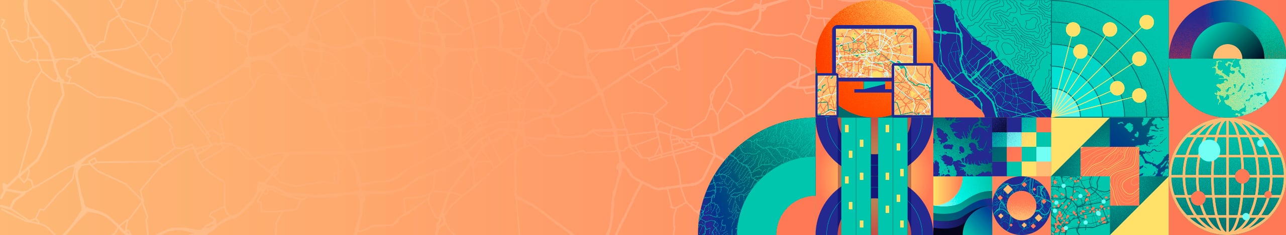 Wide horizontal banner featuring abstract geometric illustrations in blue and yellow tones