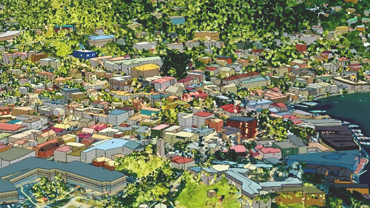 Un modello 3D di una città situata tra un porto e una montagna
