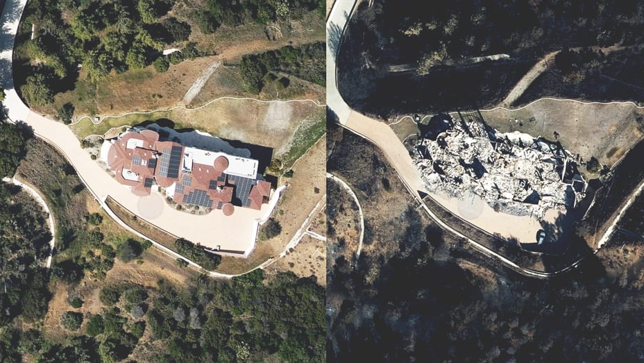 Immagini aeree affiancate di una grande proprietà residenziale prima e dopo i danni causati da un temporale