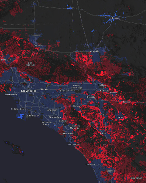 Una mappa interna della California che mostra le aree ad alto rischio di ustione evidenziate in rosso