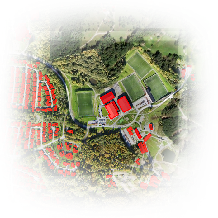 Immagine satellitare del terreno con gli edifici estratti di colore rosso e verde del terreno e degli alberi