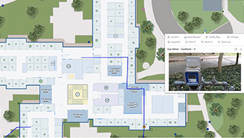 Raccolta di dati su una mappa indoor che mostra il percorso, l'immagine, la cronologia delle risorse e lo stato per le operazioni di manutenzione