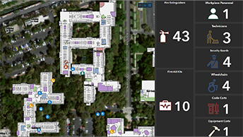 Dashboard che mostra una mappa aerea di un edificio accanto a dati numerici e testuali 
