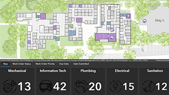 Dashboard di analisi dei dati indoor e condizioni degli asset che mostra una mappa aerea di un edificio accanto a dati numerici e di testo