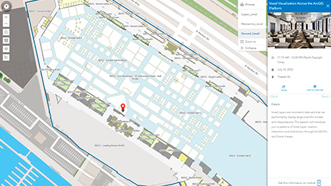 Mappa digitale degli interni di un edificio complesso contenente immagini e dati sulle risorse, edifici bianchi e quadrati grigi per gli esterni