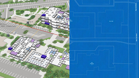 Immagini affiancate di un progetto e un'immagine GIS di un edificio bianco con dati con alberi verdi e un parcheggio grigio