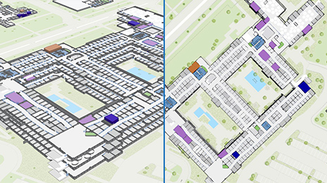 Immagini affiancate di mappe interne sia 2D che 3D di un grande edificio con dati e quadrati per uffici