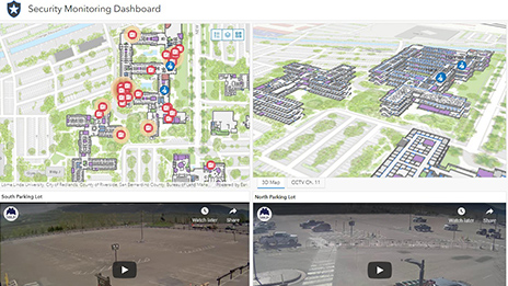 Serie di immagini tra cui una mappa con punti dati rossi, una mappa digitale di un grande campus e un dashboard che mostra i GIS indoor 