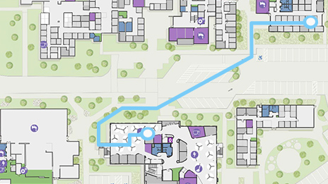 Mappa digitale con edifici quadrati, alberi verdi e un percorso evidenziato in blu che mostra identificazione strada intorno a un grande campus