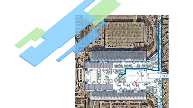 Forme colorate da una pianta fluttuante sopra una mappa indoor di un aeroporto con itinerario di navigazione interno che mostra la posizione attuale e il percorso futuro.