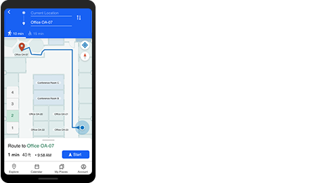 Telefono cellulare che mostra il monitoraggio del personale di sicurezza come un punto blu su una mappa indoor con posizione in tempo reale.