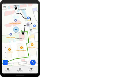 Telefono cellulare con mappa indoor che mostra la navigazione indoor da un punto all'altro.