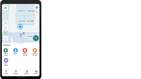 Telefono cellulare con mappa indoor, che mostra un punto blu per il posizionamento interno di un individuo in un servizio. 