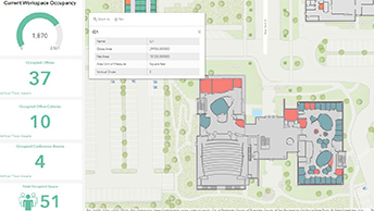 Dashboard in GIS indoor che mostra l'interfaccia di pianificazione dello spazio dell'ufficio con dati sulla posizione, una mappa interna digitale e dati numerici