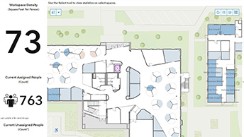 Dashboard per l'ottimizzazione dello spazio in Indoor GIS con una mappa dell'edificio per interni e dati numerici
