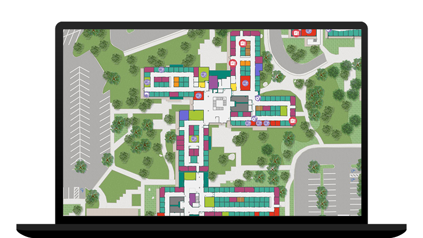 Computer portatile che mostra un'immagine digitale di un campus con quadrati, cerchi e alberi verdi che rappresentano un'interfaccia di gestione dello spazio