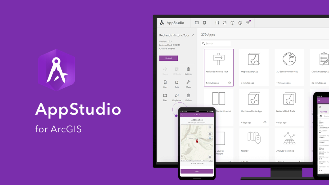 Un desktop, un telefono e un tablet su sfondo viola che mostrano AppStudio desktop con testo e icone