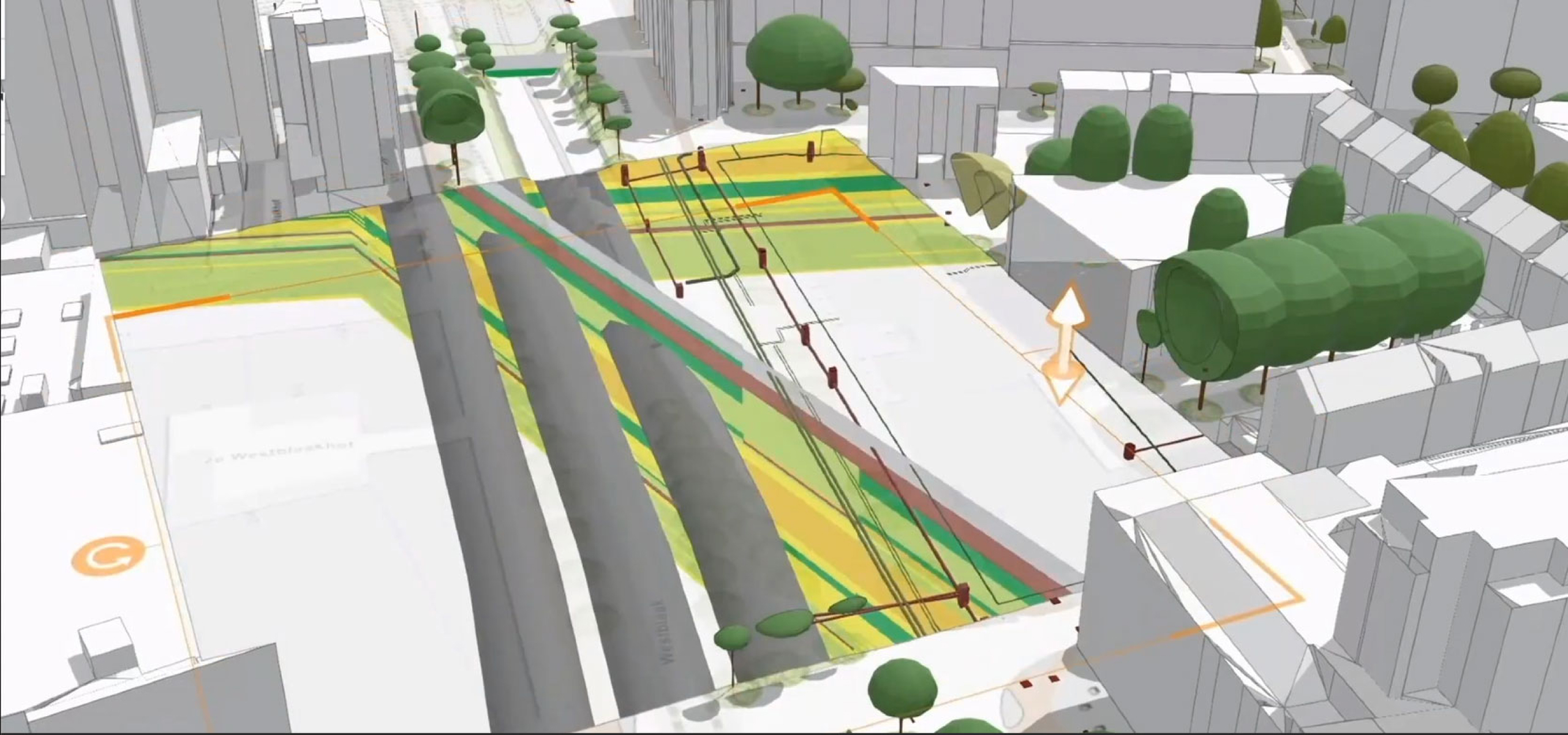 Modello digitale 3D di un ponte grigio con edifici e alberi verdi e di una vista di elementi di costruzione e ingegneria