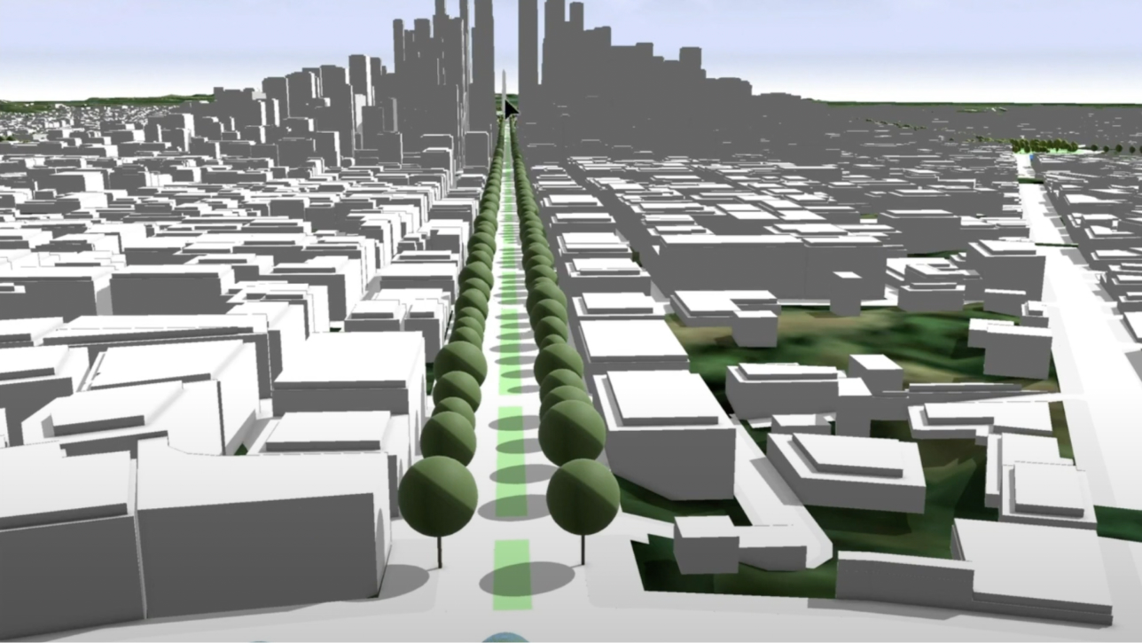 Scena 3D di una città fittizia con strade ed edifici in grigio e alberi verdi combinati con delle ombre
