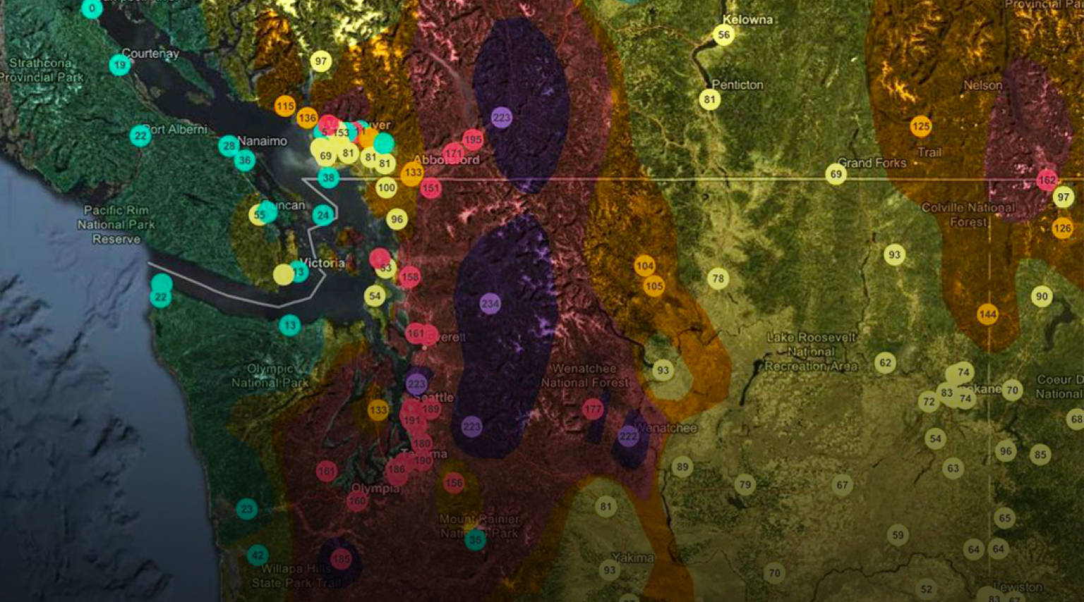 Mappa multicolore degli Stati Uniti nordoccidentali con ovali e puntine gialli e blu che contrassegnano diverse caratteristiche geografiche 
