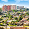 An aerial photo of a tree-filled suburban neighborhood with a bustling city in the background under a clear blue sky