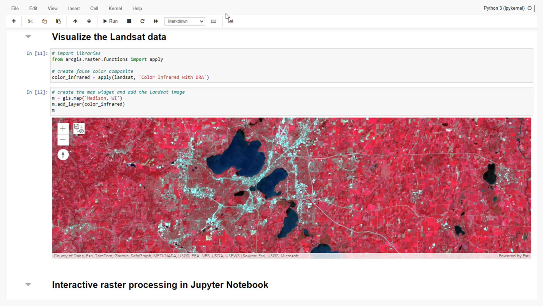 Una mappa web rossa che mostra un rendering a colori a infrarossi di un'immagine Landsat su Madison, Wisconsin.