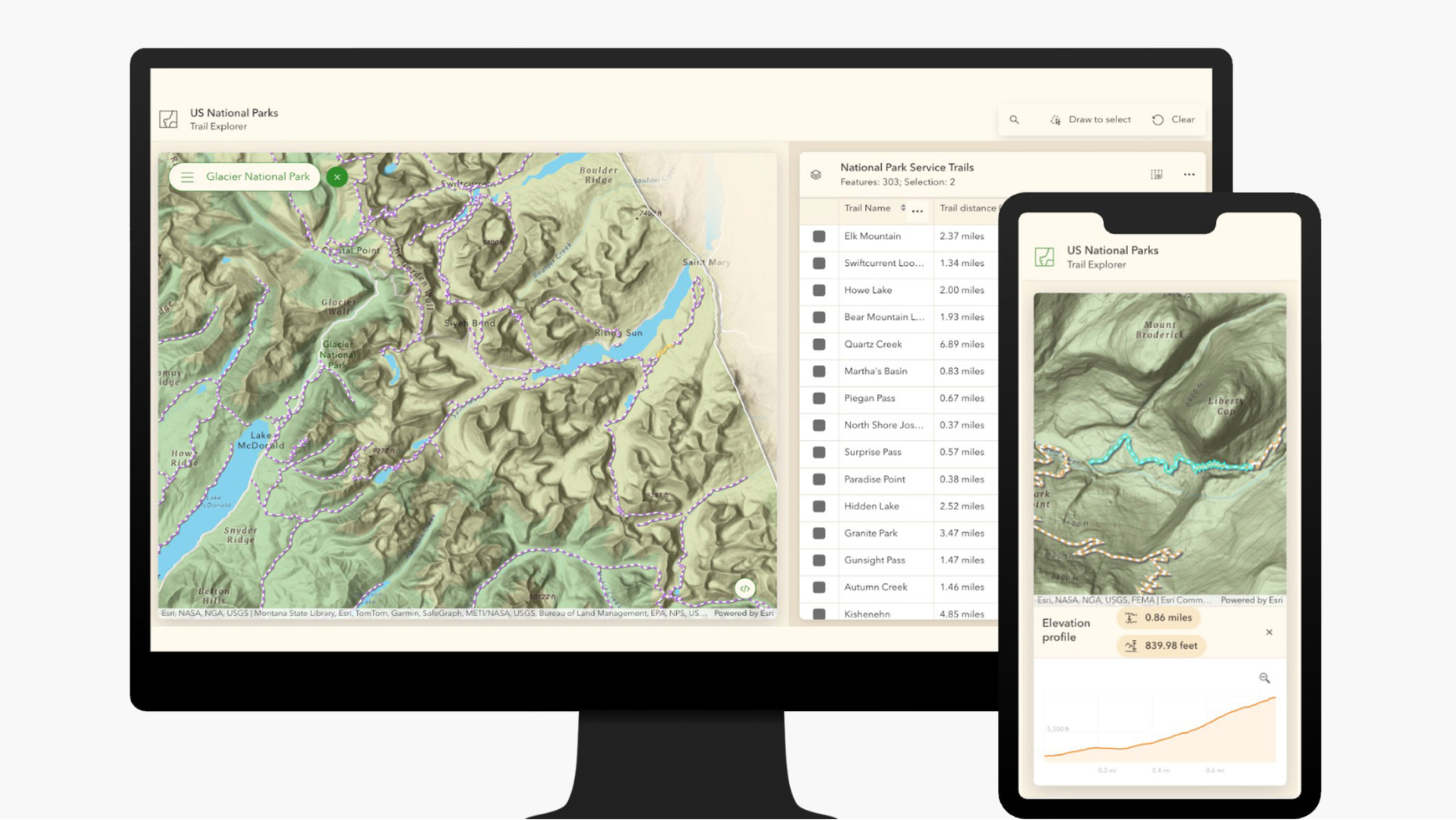 Un'applicazione di mappatura GIS visualizzata sullo schermo di un computer e di un dispositivo mobile che mostra montagne, terreni verdi e fiumi