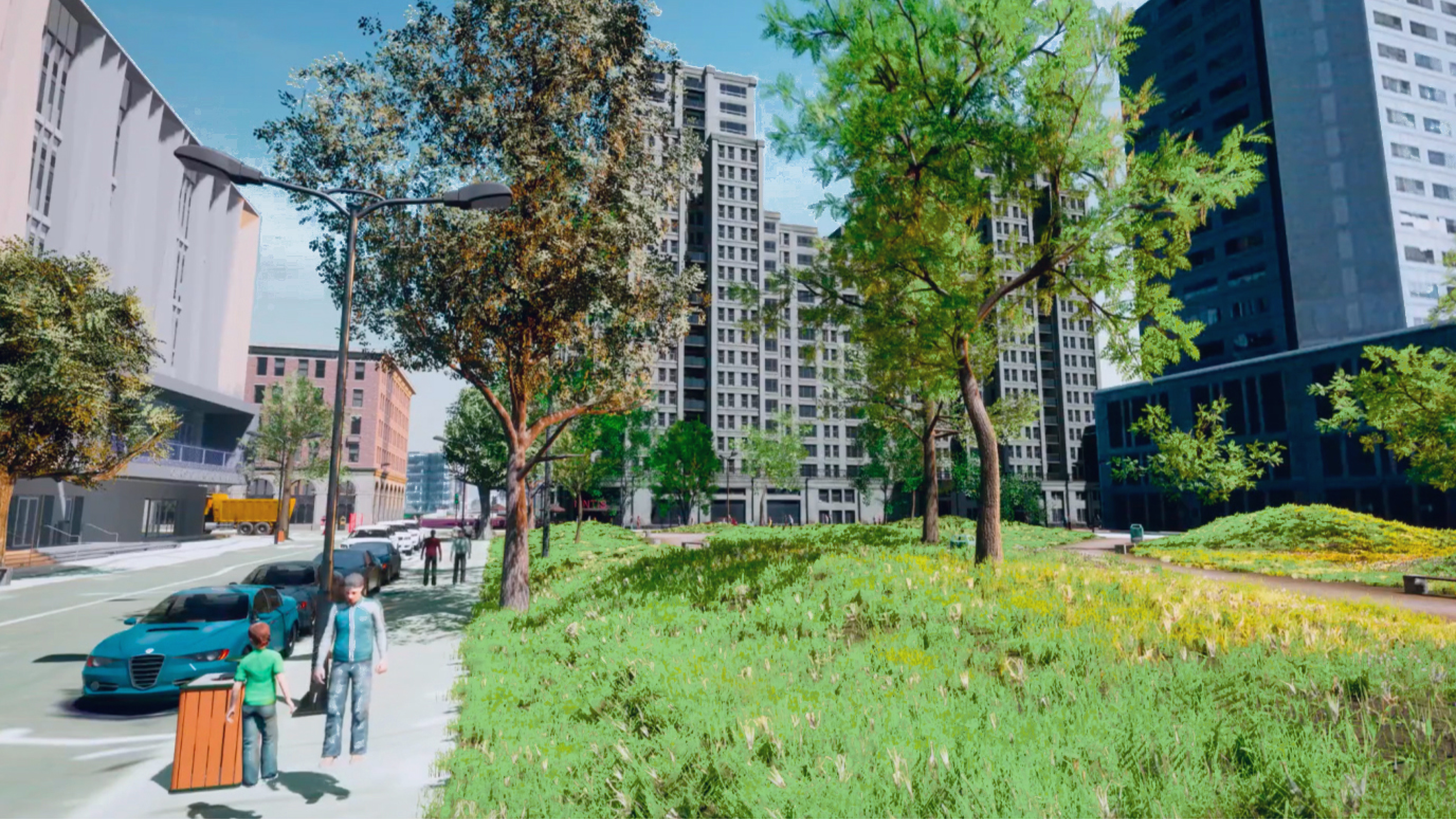 Visualizzazione 3D di persone che camminano su un marciapiede vicino a un parco con alberi verdi, auto parcheggiate ed edifici sullo sfondo