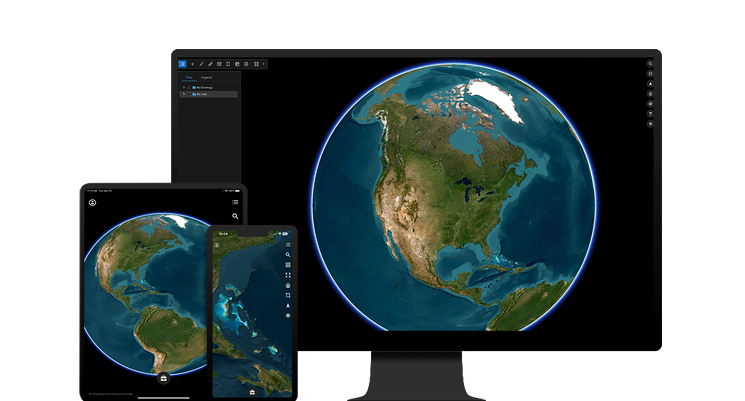 Desktop, tablet e dispositivo mobile che mostrano un'immagine della terra dallo spazio che rappresenta l'interfaccia utente di ArcGIS Earth 