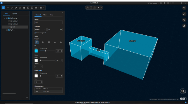 Forme 3D di colore blu che rappresentano edifici creati in ArcGIS Earth come file KML