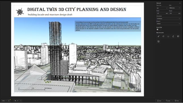 Un rendering in 3D di una città con un gruppo di edifici che rappresentano gli ausili visivi di pianificazione della città creati in ArcGIS Earth 