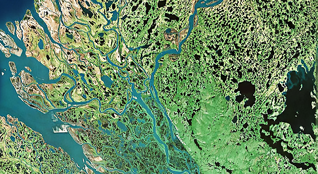 Foto aerea di un fiume che sfocia in un delta