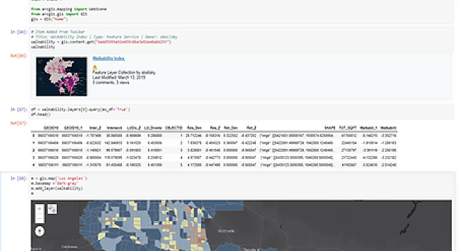 Screenshot di un Notebook ArcGIS con la mappa blu e grigia qui sotto