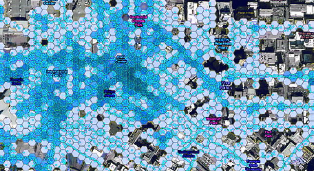 Mappa della città con gli esagoni sovrapposti in varie tonalità di blu 