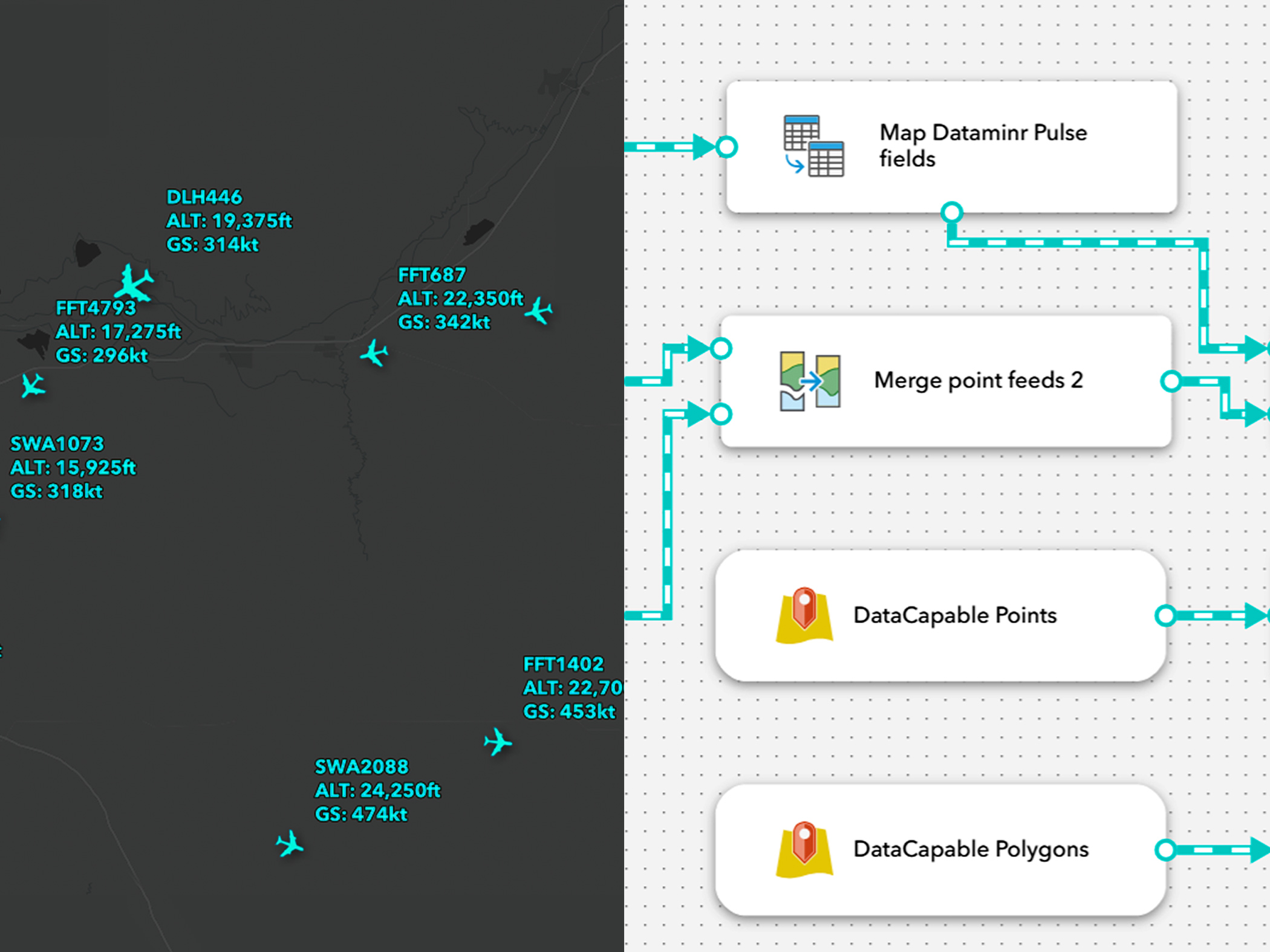 A flight tracking analytics program showing multiple steps in a workflow
