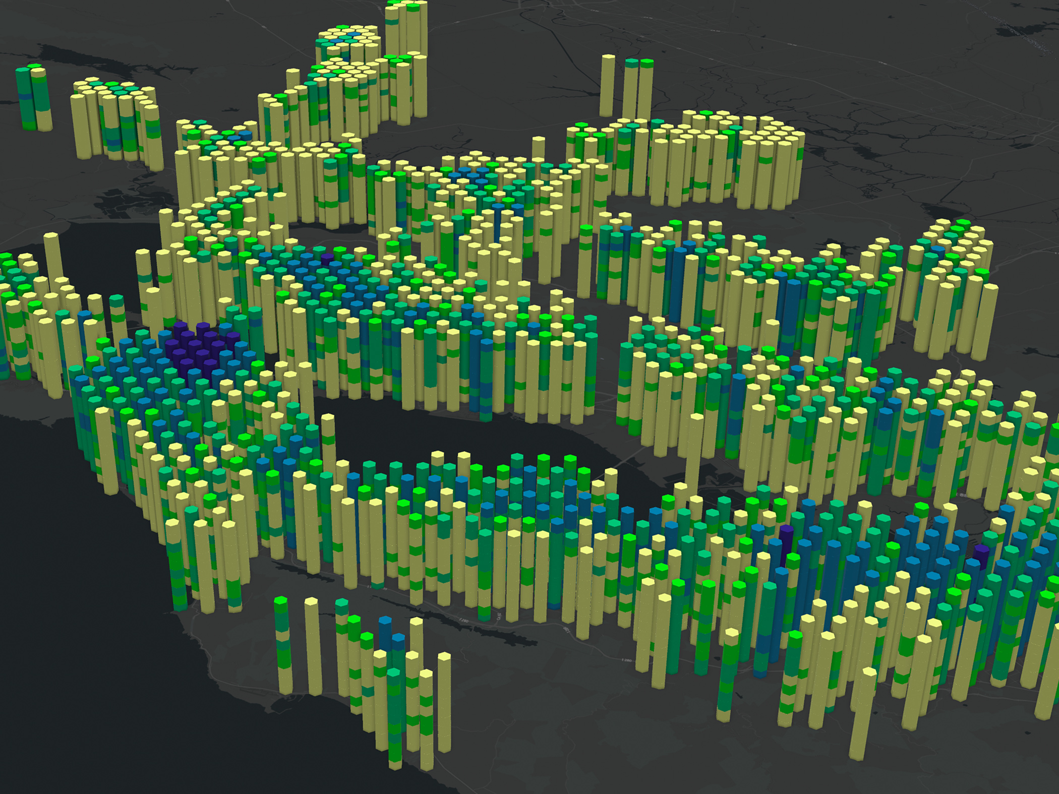 A map showing 3D hexagons in various color combinations