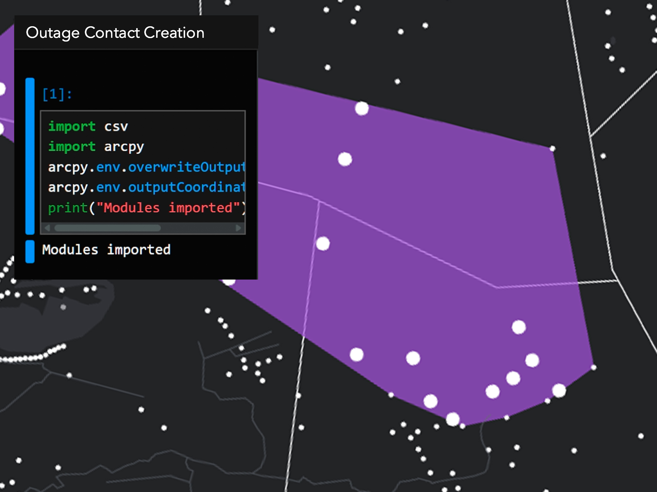 A map of Linden county, North Carolina with an area selected in purple, alongside a view of an automated python script for detecting homes affected by a major power outage