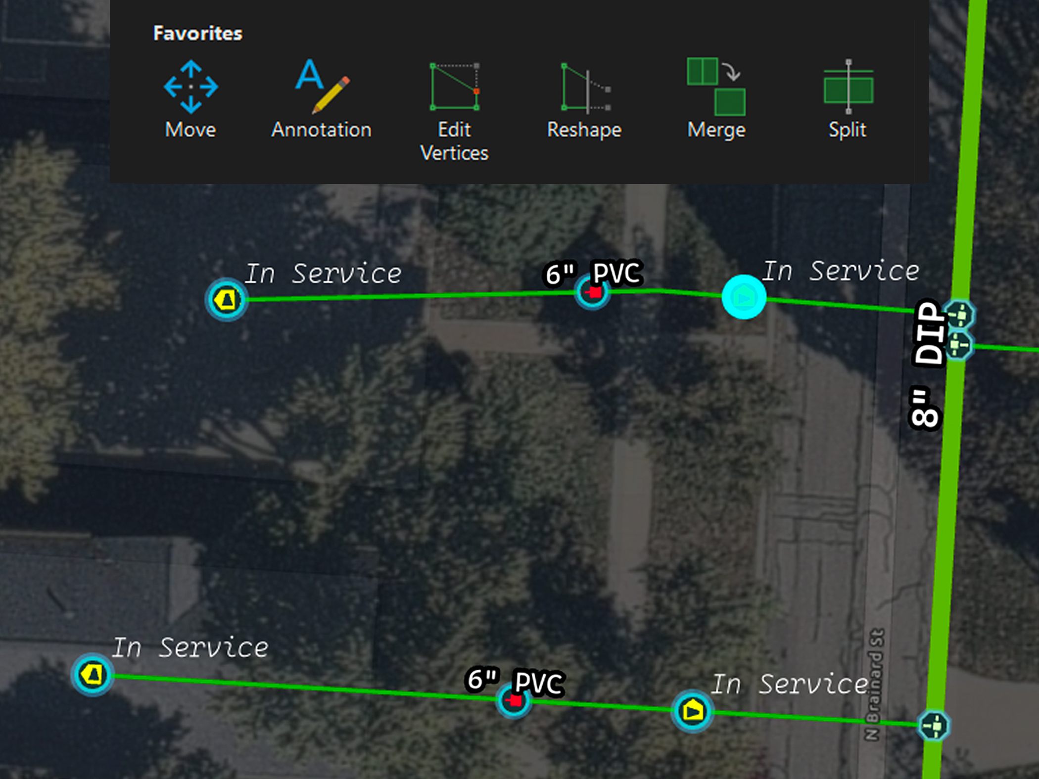 A map overlaid on imagery of a residential neighborhood shows how information about a utility can be edited