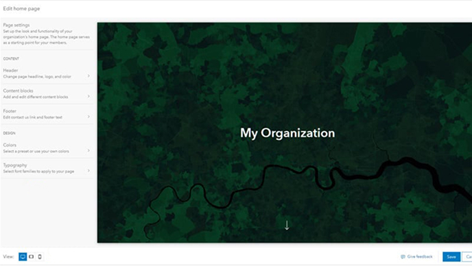 The user interface of ArcGIS Enterprise, showing the words "My Organization" on the right and options to customize on the left