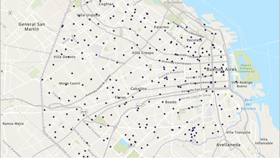 A map of Buenos Aires with black dots indicating locations