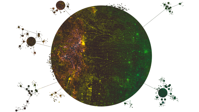 Immagine di una mappa con un cluster di punti scuri racchiusa in un grande cerchio, connessa a più cluster piccoli di cerchi di varie dimensioni