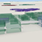 A 3D model of a two-story building floorplan with transparent walls