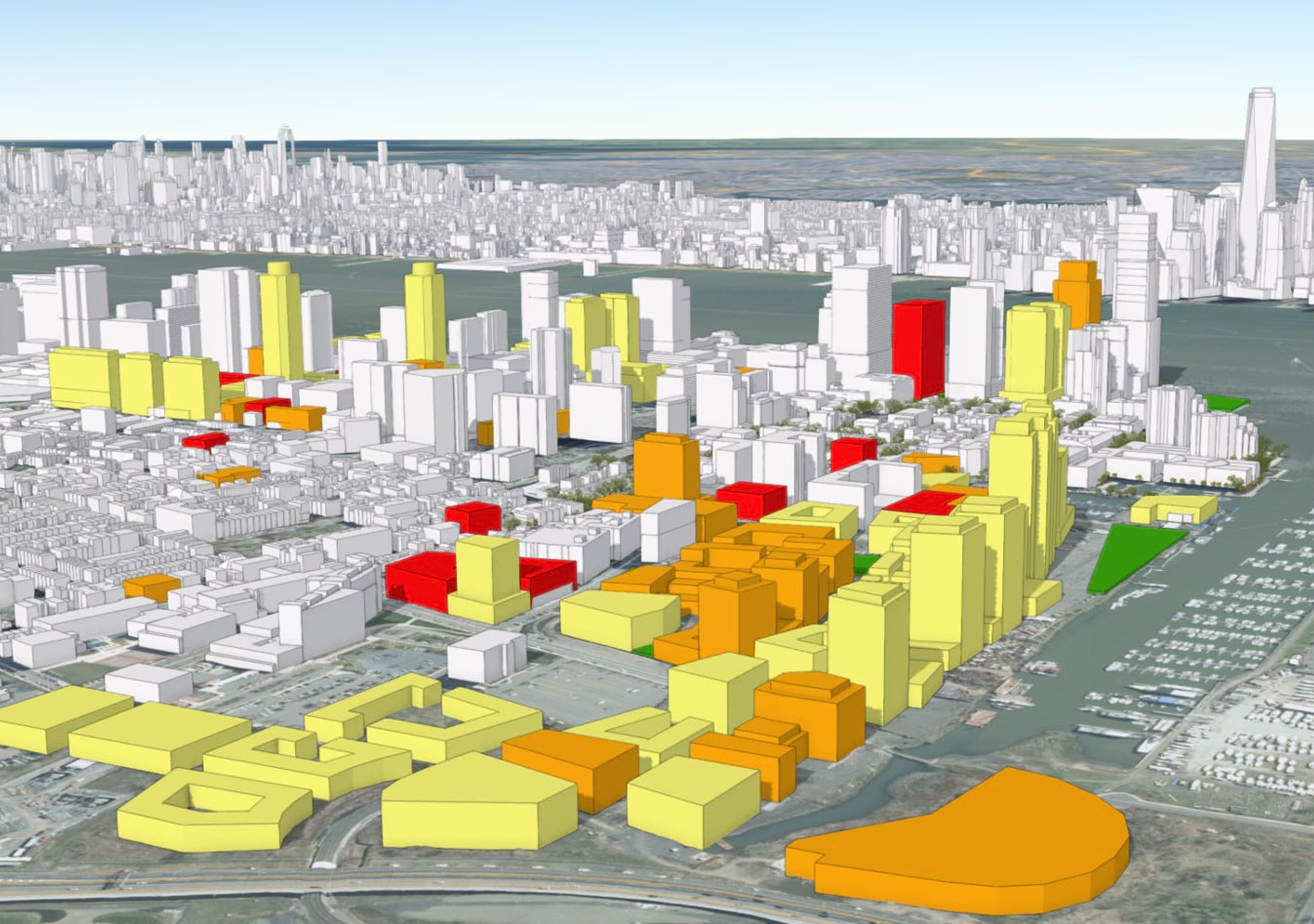 Un modello digitale che mostra edifici in parti del New Jersey e di Manhattan, New York, in 3D
