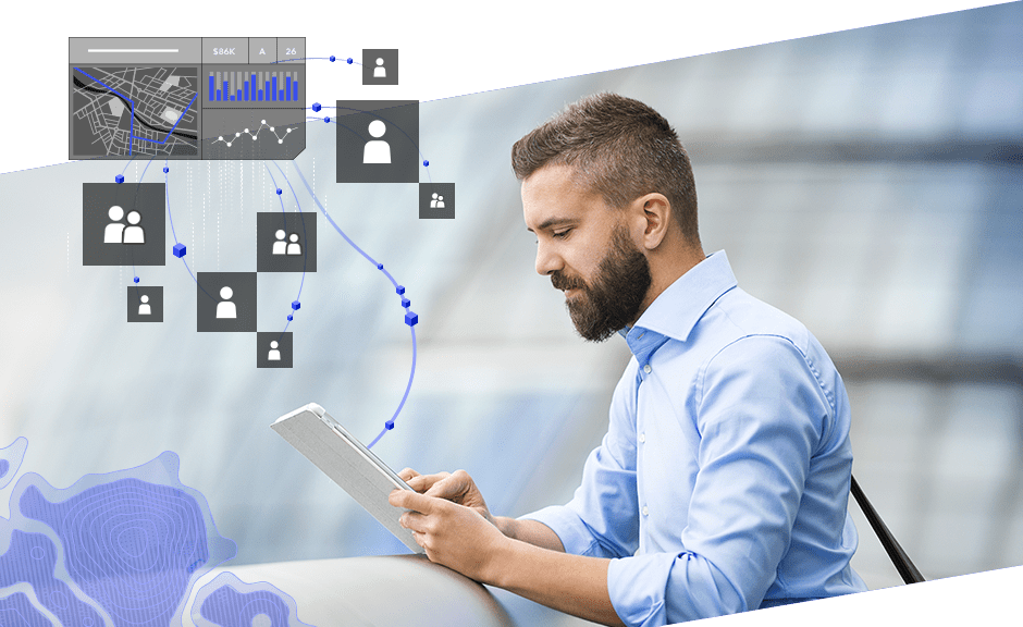 Young professional working on a tablet, people icons collected by a line, and chart with map and bar graph