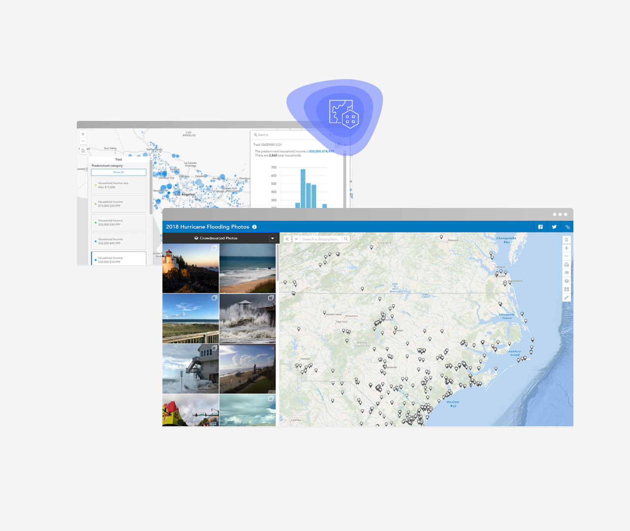 due immagini di una mappa e di un grafico a barre e una mappa con le immagini di un uragano