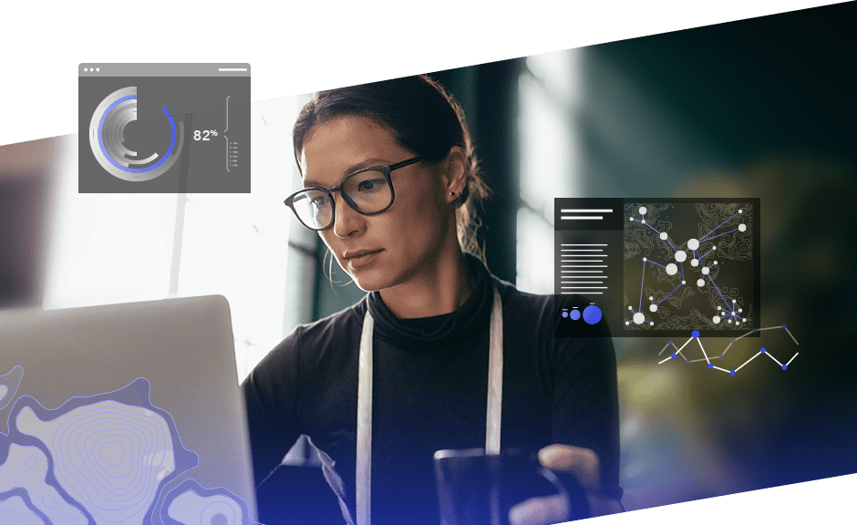 A graphic that includes an image of a business professional working on a laptop while holding a mug enclosed in a parallelogram overlaid by dark maps and charts