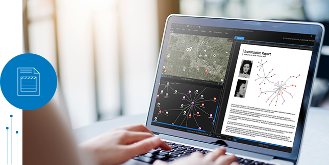 Due mani digitano su un piccolo laptop che mostra foto, parole e un albero di dati con linee connesse a punti multicolore